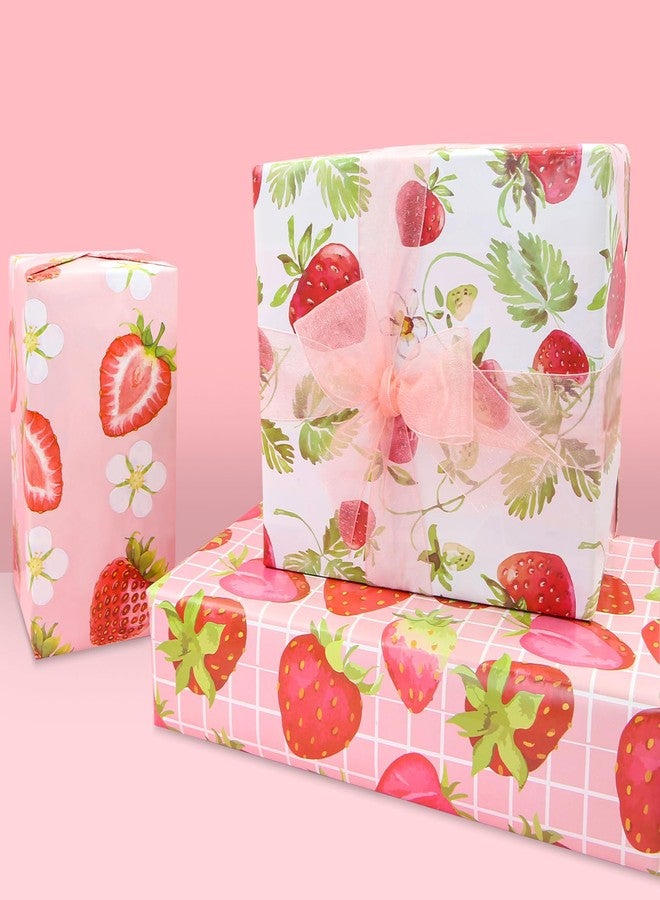 Geluode Strawberry Wrapping Paper,Pink Red Fruit Wrapping Paper 4 Designs 8 Sheet,Pretty Cute Sweet Gift Wrap Paper 20 x 27 Inch For Birthday Baby Shower Wedding Spring Summer Party Boys Girls Kids DIY Crafts - Image 4